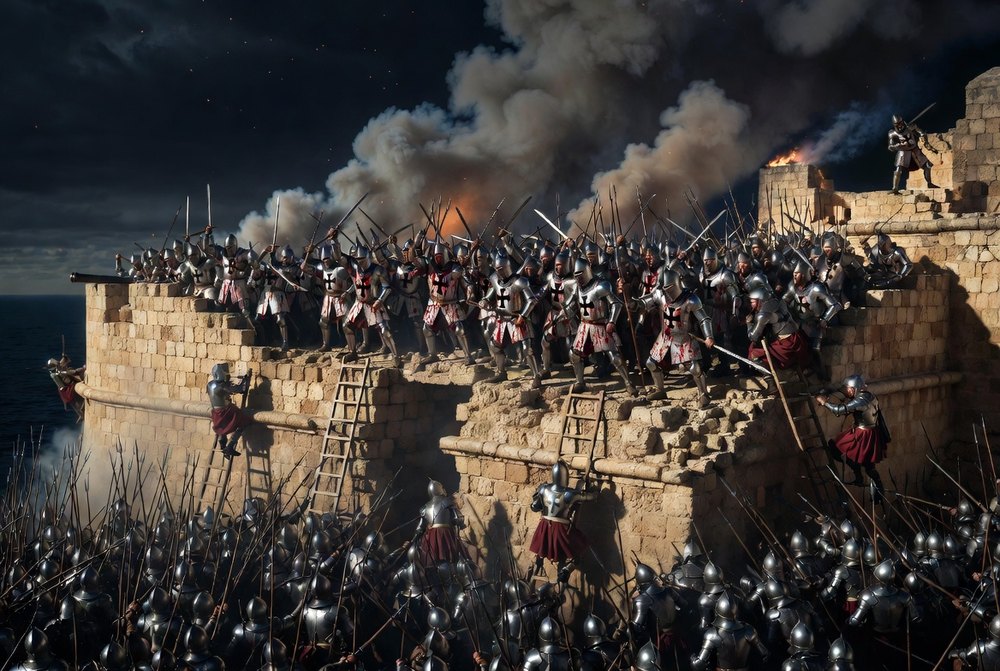 Le fort Saint-Elme, condamné mais vital : ses défenseurs tinrent 31 jours jusqu'à tomber tous, saignant l'armée turque.