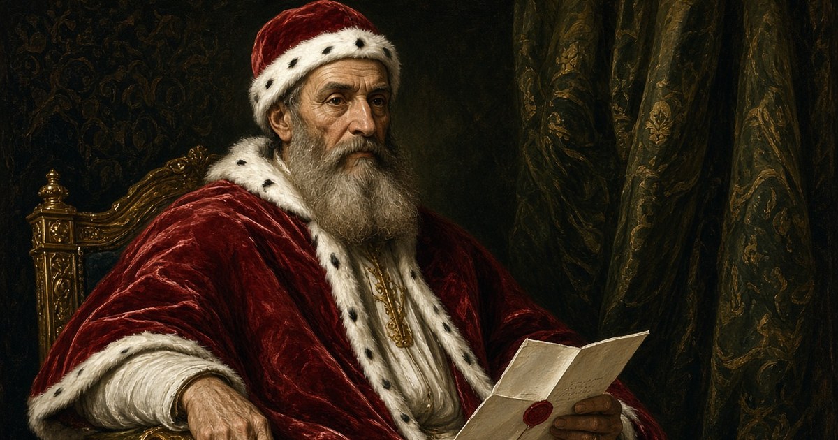 Portrait peint du pape Jules III, un vieil homme à la barbe blanche, vêtu d'une mozette et d'un camauro cramoisis, tenant une lettre scellée