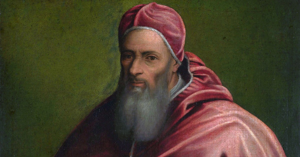 Portrait à l'huile de Jules III, en mozette et camauro cramoisis bordés d'hermine, par Girolamo Siciolante da Sermoneta (1550)