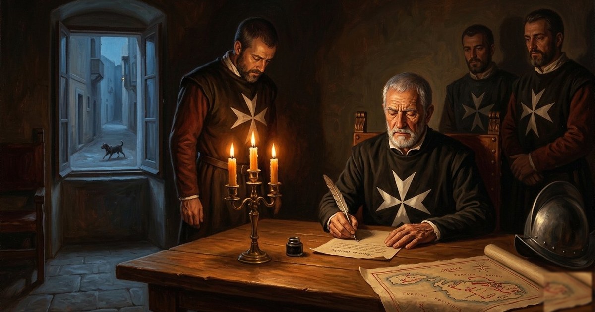 El gran Maestre La Valette, con la cruz de Malta, firma con angustia la orden a la luz de las velas mientras un perro corre por la calle al fondo
