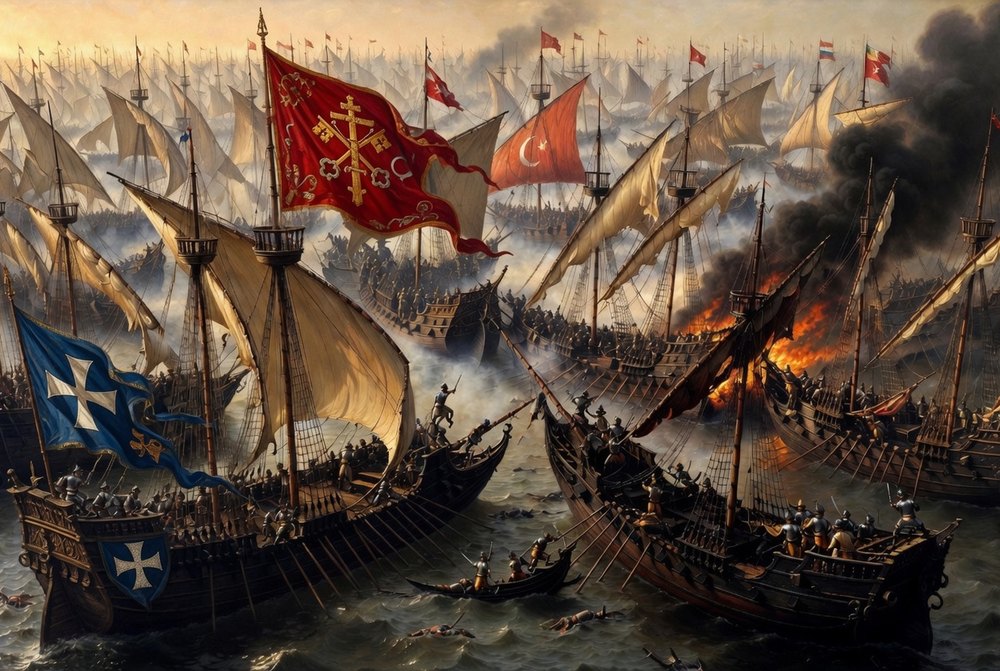 Das große Banner der Heiligen Liga weht über den christlichen Galeeren im Kampf mit der osmanischen Flotte bei Lepanto