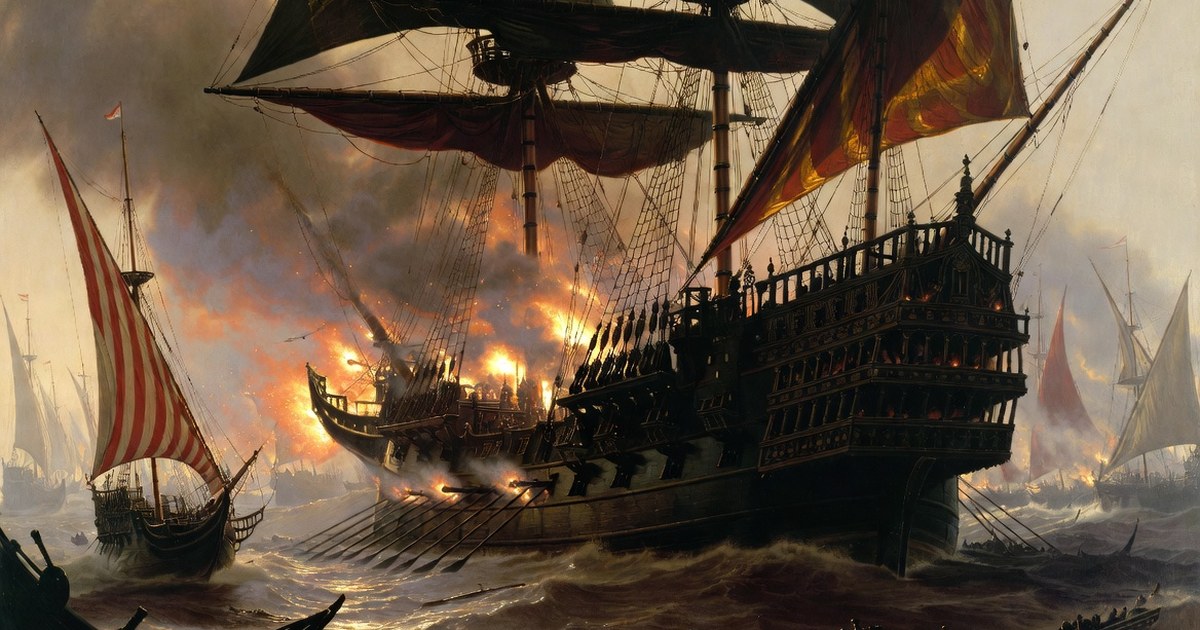 Eine venezianische Galeasse feuert ihre Geschütze im Rauch und Feuer der Schlacht von Lepanto, 7. Oktober 1571