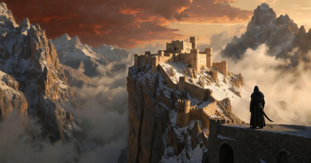 View of the Assassins' mountain fortress at dusk, with a hooded agent gazing over the snow-covered valley.