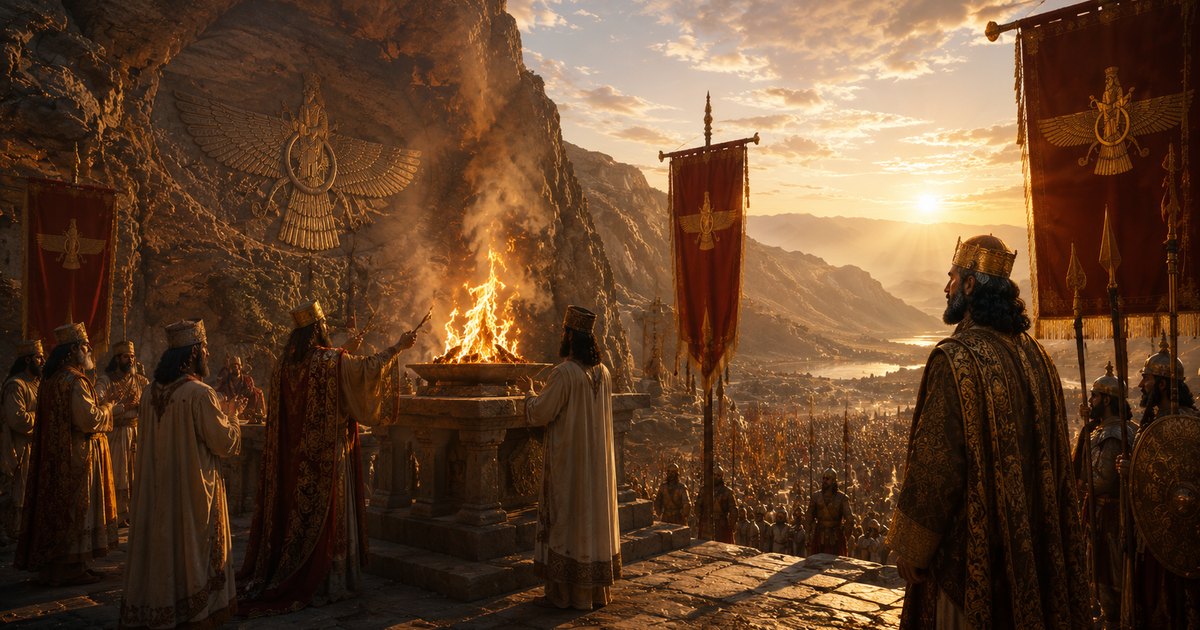 Los magos persas atienden el fuego sagrado ante el rey y su ejército, bajo el Faravahar grabado en la roca y en los estandartes