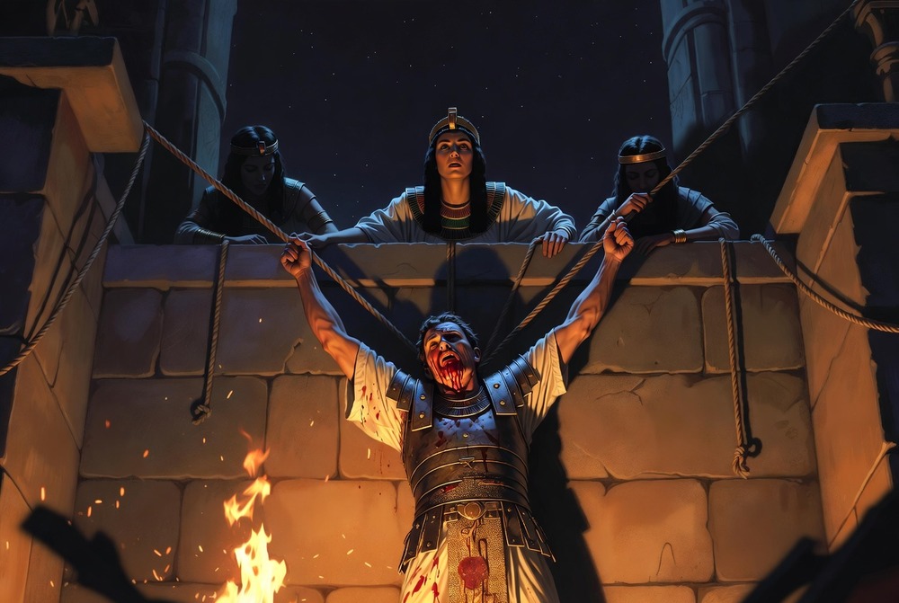 Marco Antonio, herido y ensangrentado, es izado con cuerdas hasta la ventana del mausoleo de Cleopatra en Alejandría