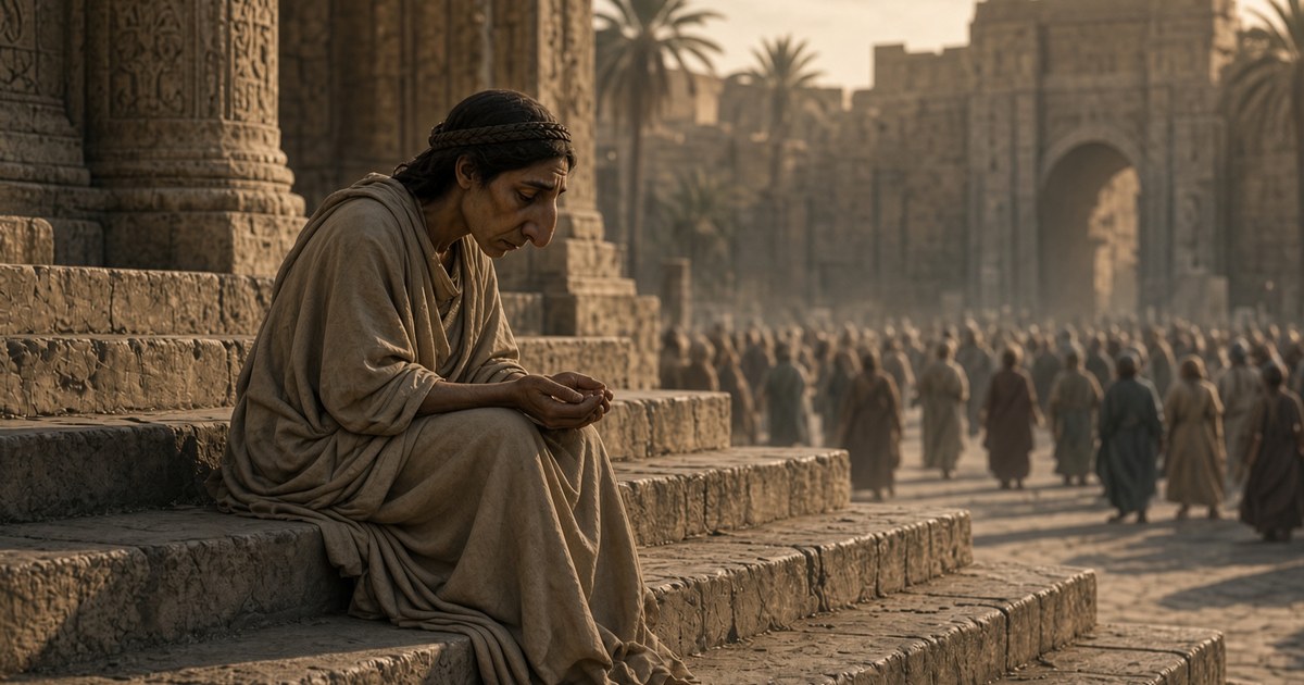 A woman sitting alone on the steps of a Babylonian temple, waiting