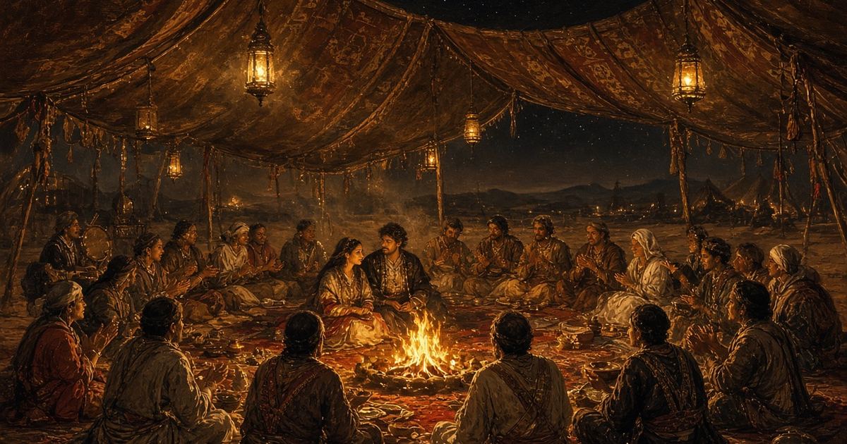 A Nasamones couple surrounded by guests around the fire on their wedding night