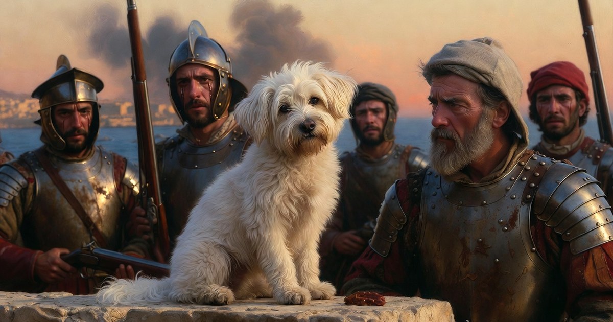 Un perrito blanco sentado en la muralla de Malta mira confiado mientras los soldados, con lágrimas, lo contemplan antes de cumplir la orden