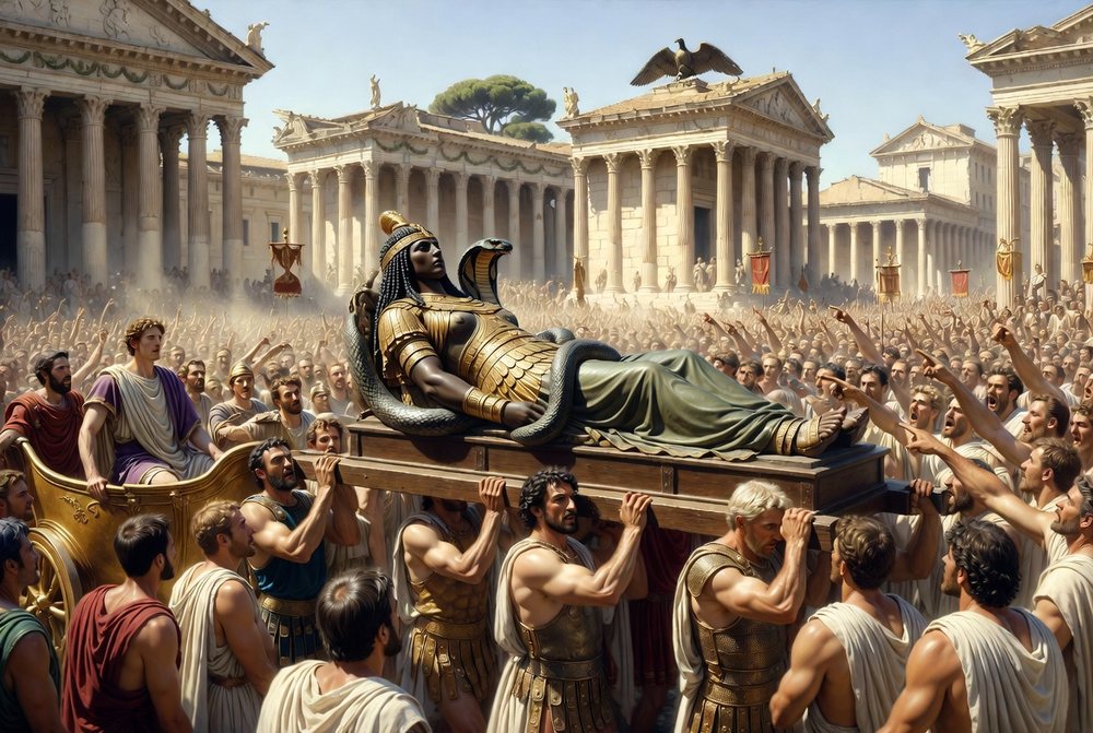 Nella sua sfilata trionfale per Roma, Ottaviano esibisce un'effigie di legno di Cleopatra con il serpente attorcigliato al braccio