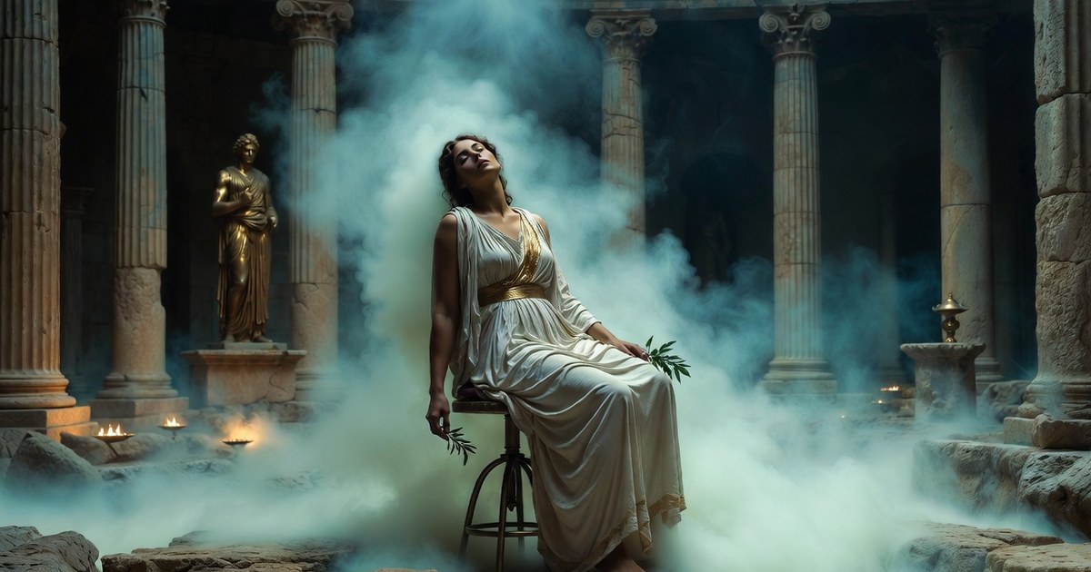 La Pizia, sacerdotessa di Apollo a Delfi, in trance su un tripode tra i vapori vulcanici che salgono dalla fenditura del tempio