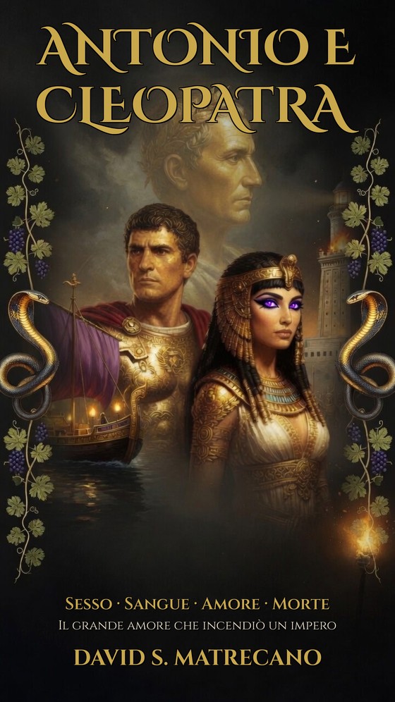 Copertina del libro «Antonio e Cleopatra» di David S. Matrecano: Marco Antonio e Cleopatra davanti al Faro di Alessandria