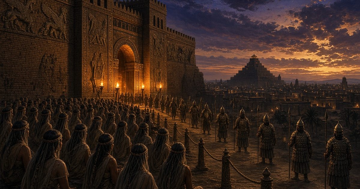 Women waiting outside the Ishtar Gate in ancient Babylon at night, guarded by soldiers