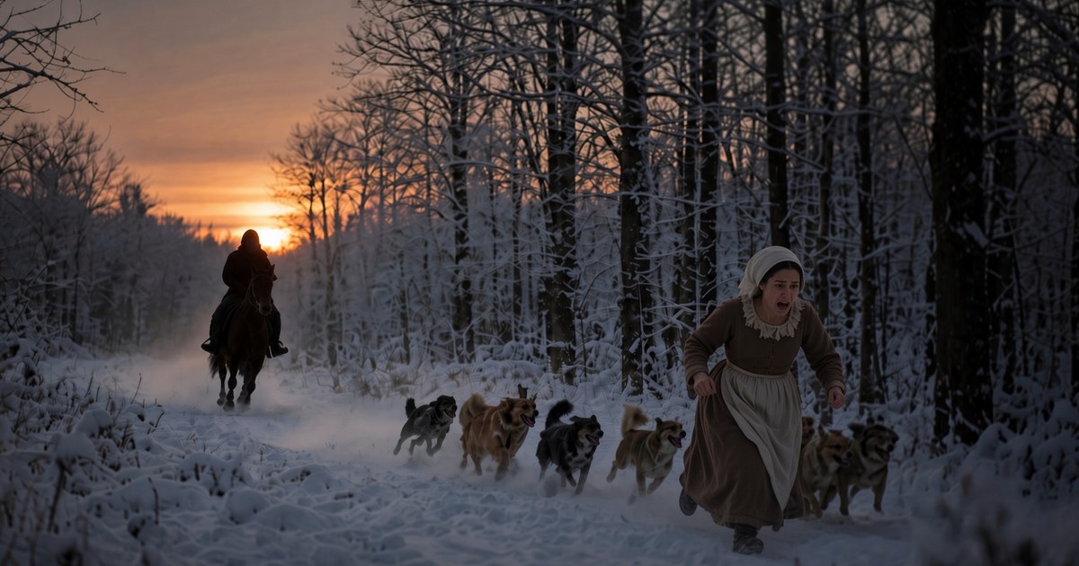 Eine verängstigte Frau flieht barfuß durch einen verschneiten Wald in der Abenddämmerung, verfolgt von einer Hundemeute und einem berittenen Reiter