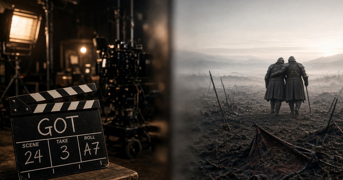 Links eine Filmklappe zwischen Scheinwerfern und Kameras; rechts zwei mittelalterliche Soldaten gehen bei Sonnenaufgang Arm in Arm über ein zerstörtes Schlachtfeld