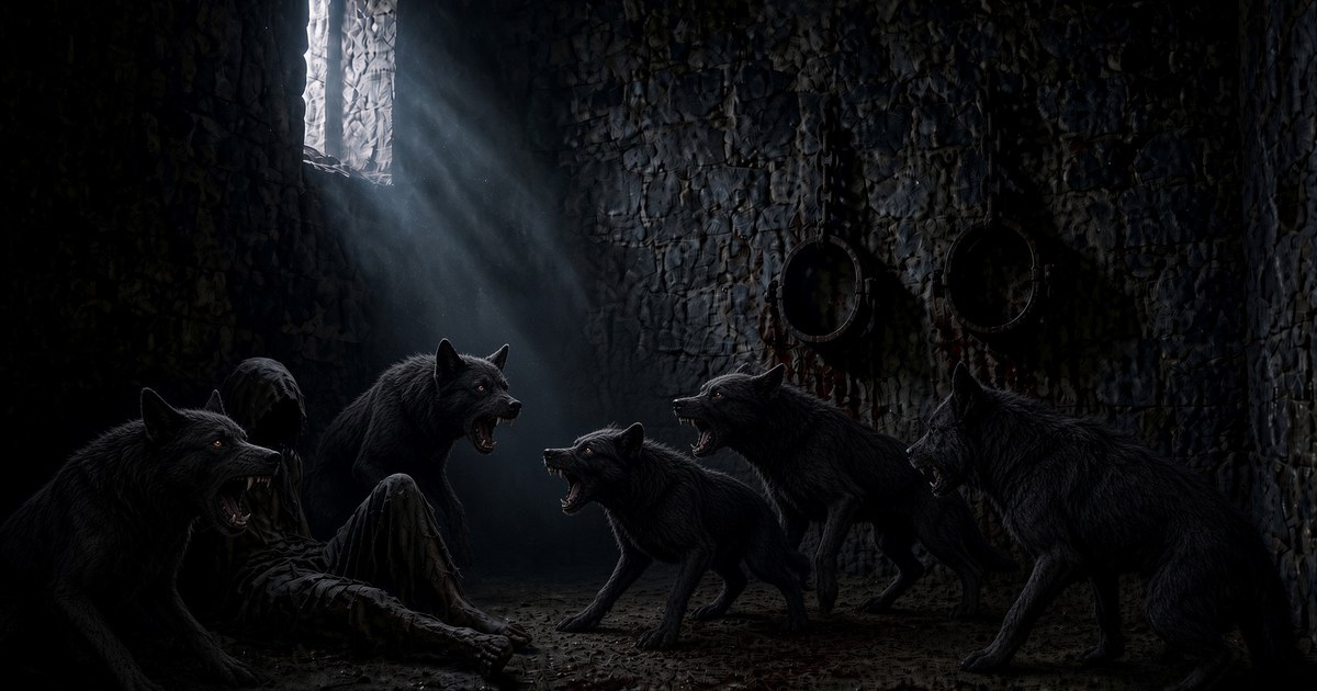Ein Wolfsrudel umringt eine am Boden eines steinernen Verlieses liegende Gestalt, ein Lichtstrahl fällt durch ein schmales Fenster