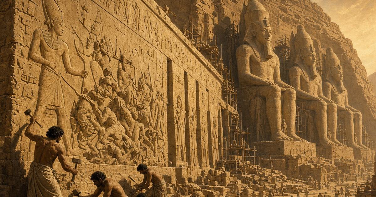Trabajadores esculpiendo relieves colosales de Ramsés II en un templo egipcio