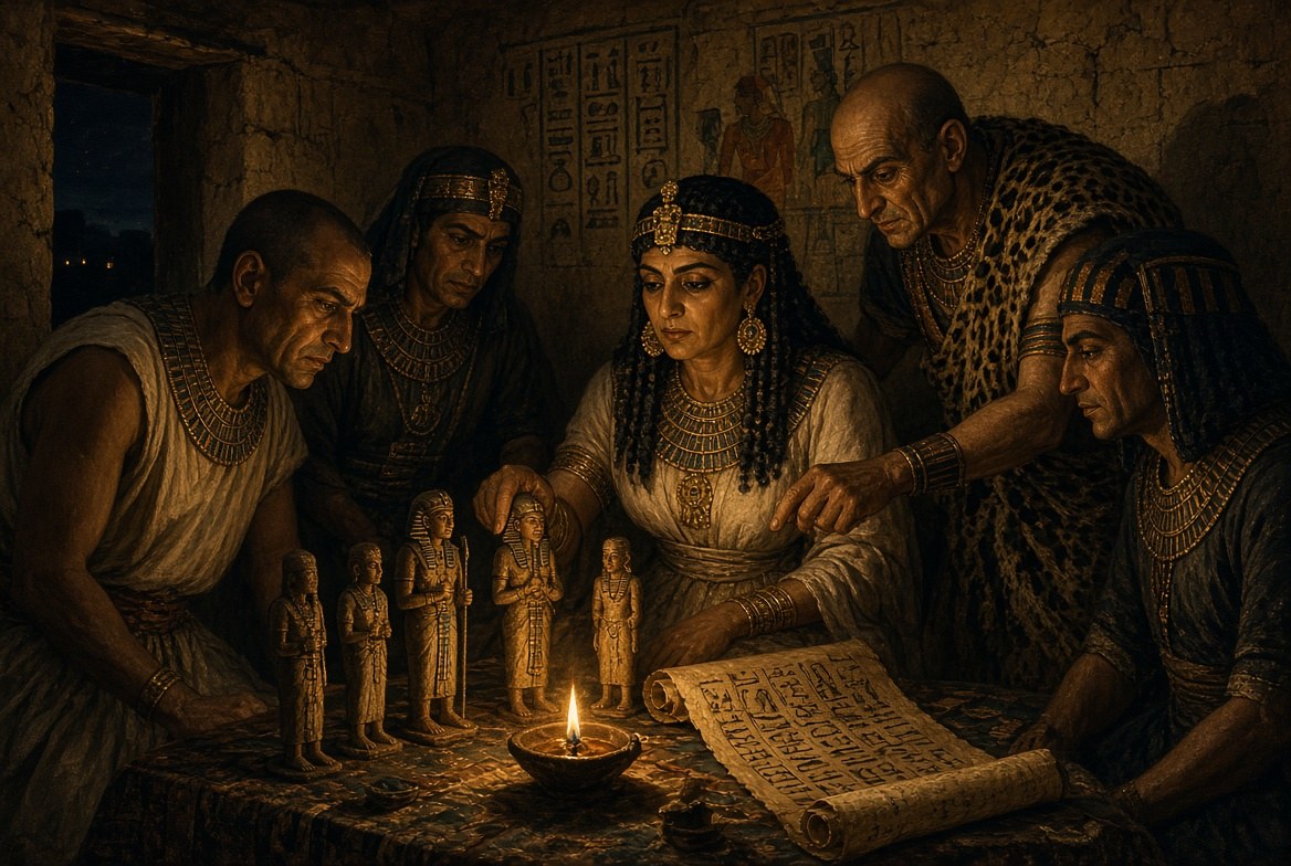 Künstlerische Rekonstruktion der Haremsverschwörung gegen Ramses III., mit Wachsfiguren und einem Papyrus magischer Formeln
