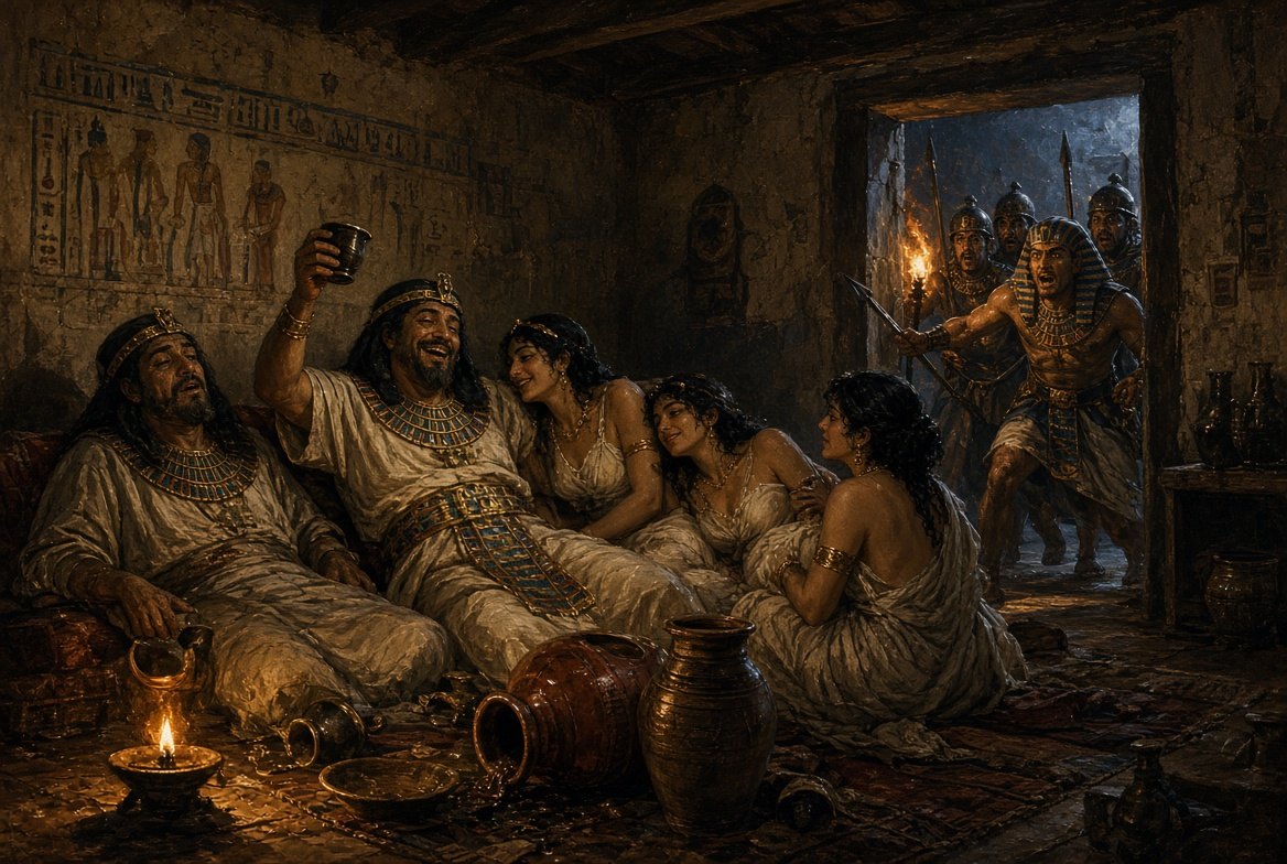 Künstlerische Rekonstruktion der korrupten Richter im Prozess gegen die Mörder von Ramses III., beim Feiern mit den Angeklagten ertappt
