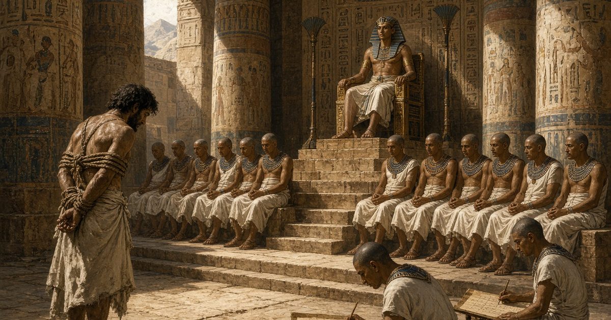 Künstlerische Rekonstruktion des Prozesses gegen die Verschwörer der Ermordung von Ramses III., mit Pharao Ramses IV. auf dem Thron und dem Richtergremium