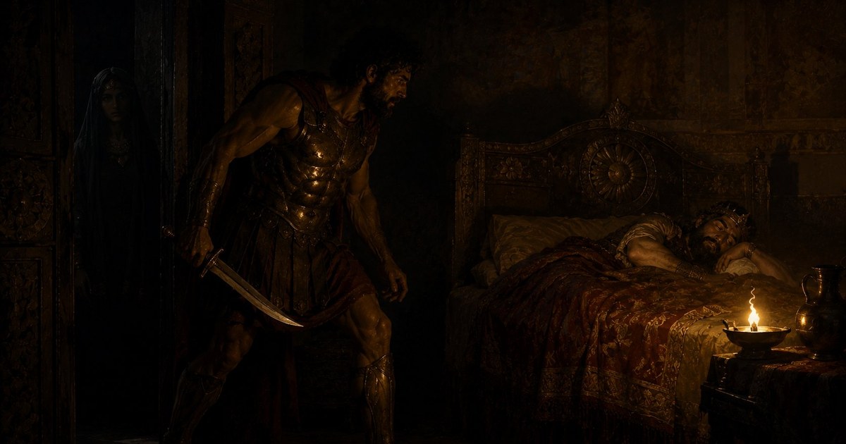 Dagger in hand, Gyges advances toward the sleeping Candaules. Nyssia watches from the shadows