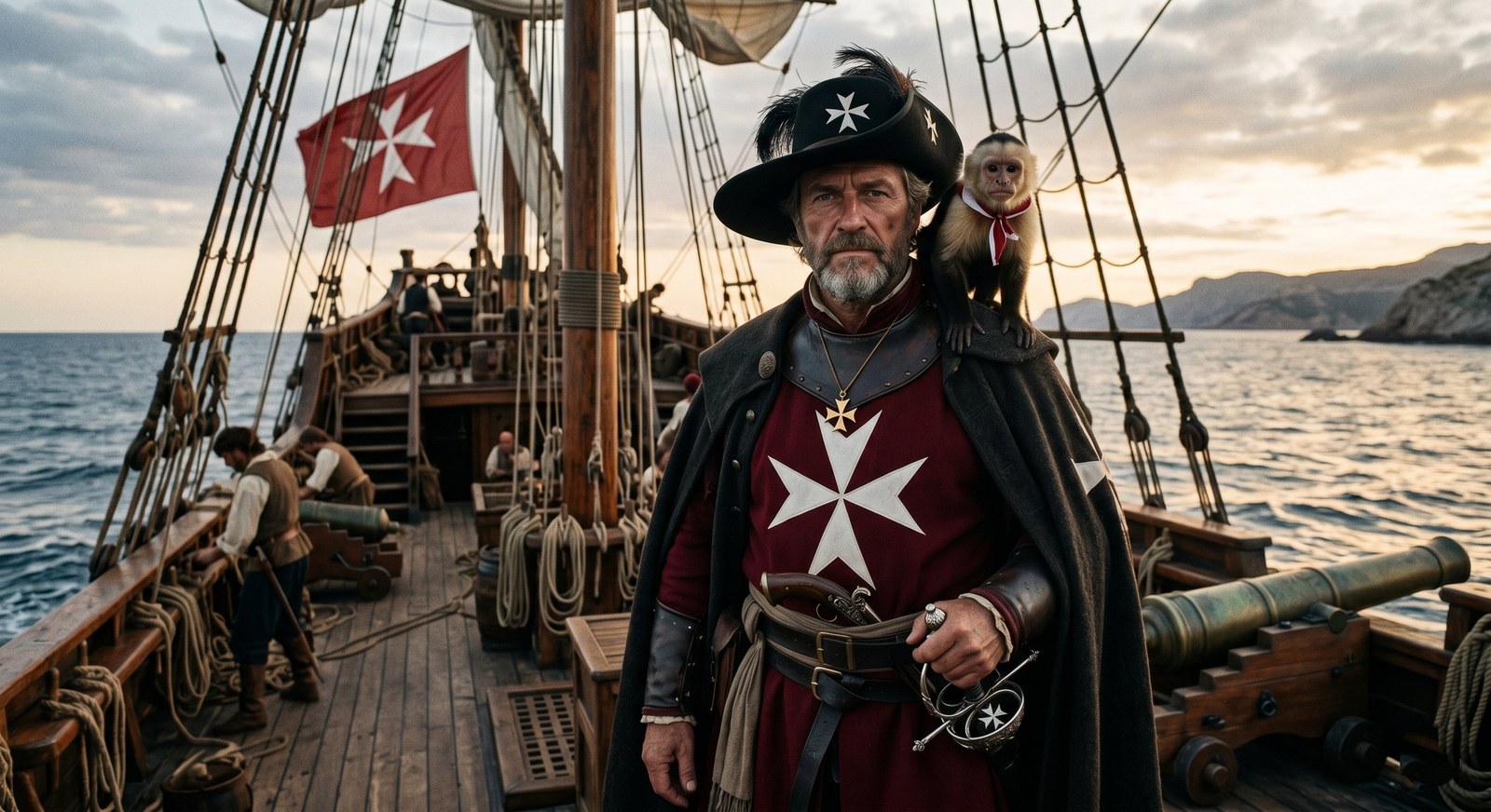 Mathurin de Romegas no convés de sua galé com a sobreveste carmesim da Ordem de Malta e o macaco-capuchinho François empoleirado em seu ombro direito