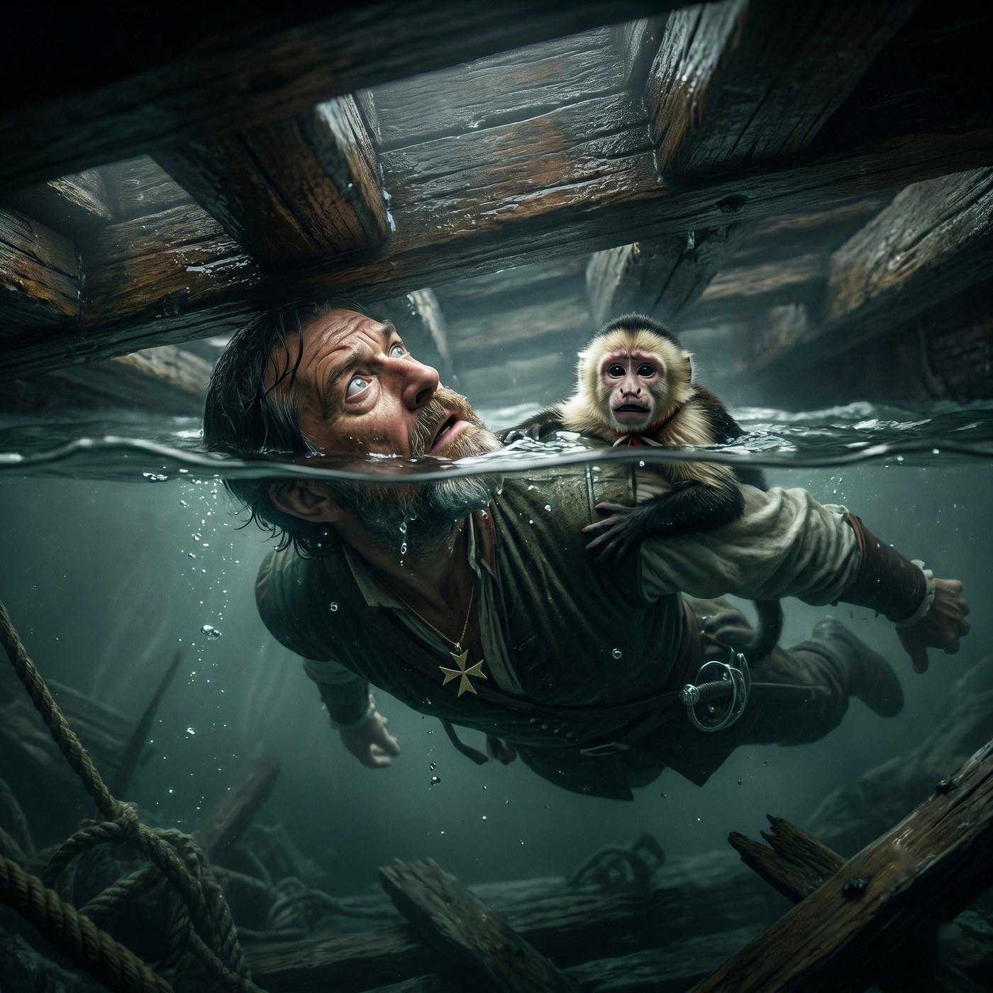 Mathurin de Romegas e seu macaco-capuchinho François presos sob o casco alagado da Capitana, respirando a última bolha de ar na escuridão