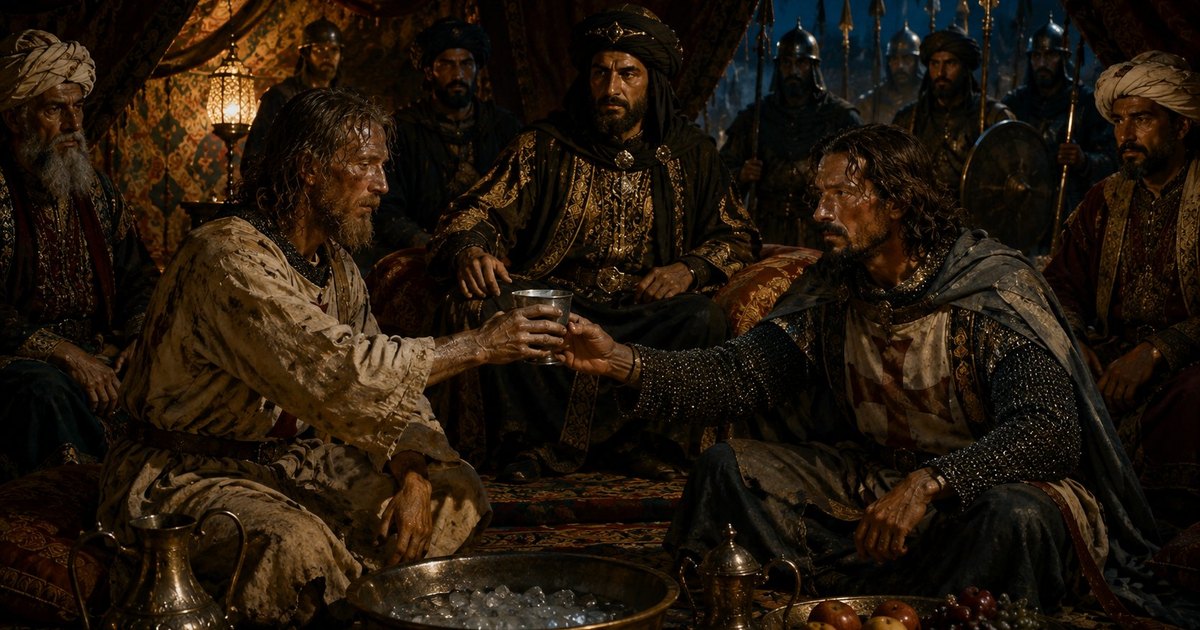 Saladino osserva re Guido di Lusignano porgere a Rinaldo di Châtillon la coppa d'acqua ghiacciata che ne deciderà la sorte