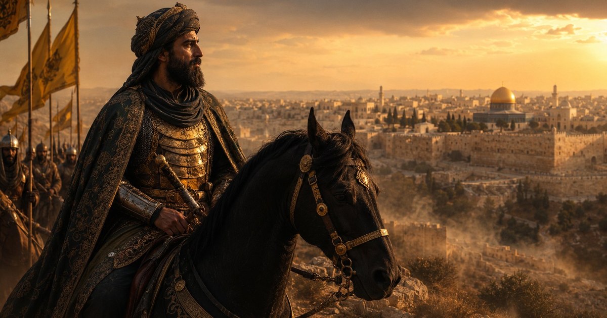 Saladino, sultano ayyubide, a cavallo davanti alle mura di Gerusalemme al tramonto, con la Cupola della Roccia sullo sfondo