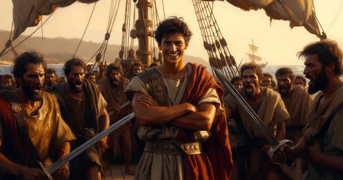 Um jovem Júlio César de toga sorri desafiador com os braços cruzados, rodeado de piratas armados no convés de um navio sob a luz dourada do Mediterrâneo
