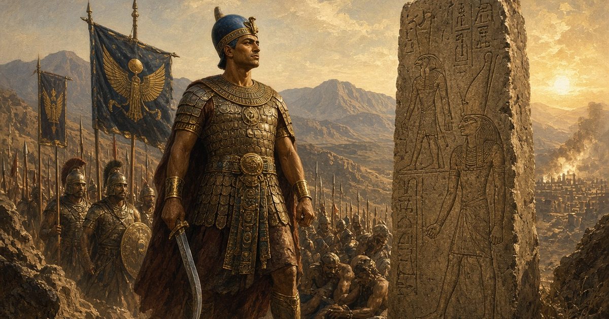 Un faraón guerrero junto a una estela de conquista, encarnando la leyenda de Sesostris