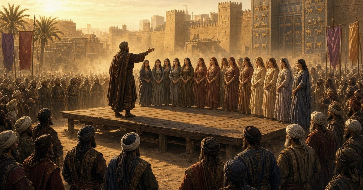 A herald presents a group of young Babylonian women at a public marriage auction