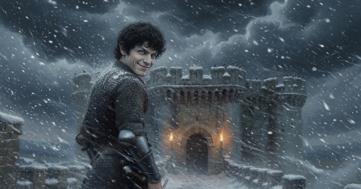 Tommaso di Marle, il lupo rabbioso, con la spada in pugno e un mezzo sorriso crudele davanti al suo castello di Coucy al tramonto