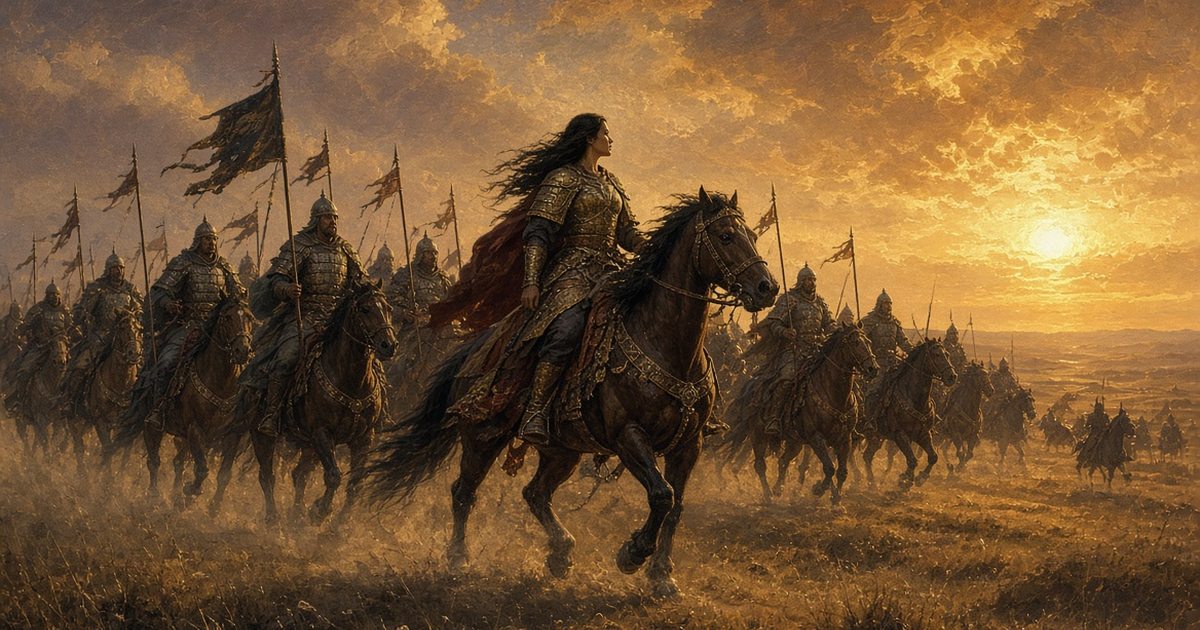 Queen Tomyris rides at the head of the Massagetae cavalry at sunset on the steppe
