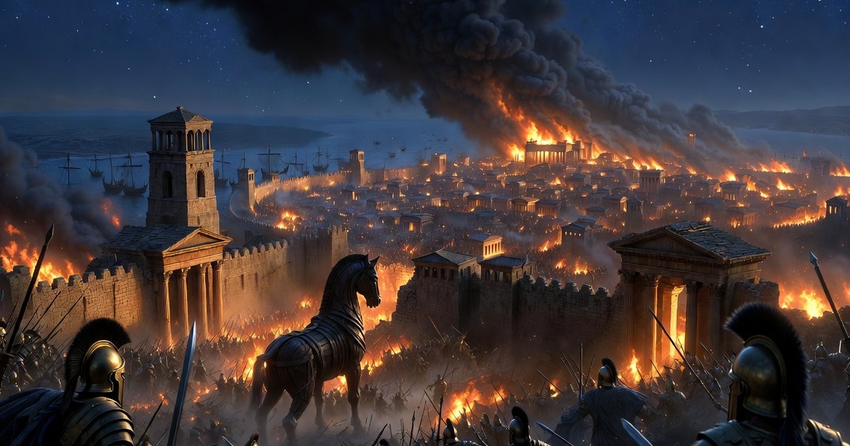 La cité de Troie en flammes la nuit, avec le Cheval de bois et les hoplites grecs prenant les murailles d'assaut