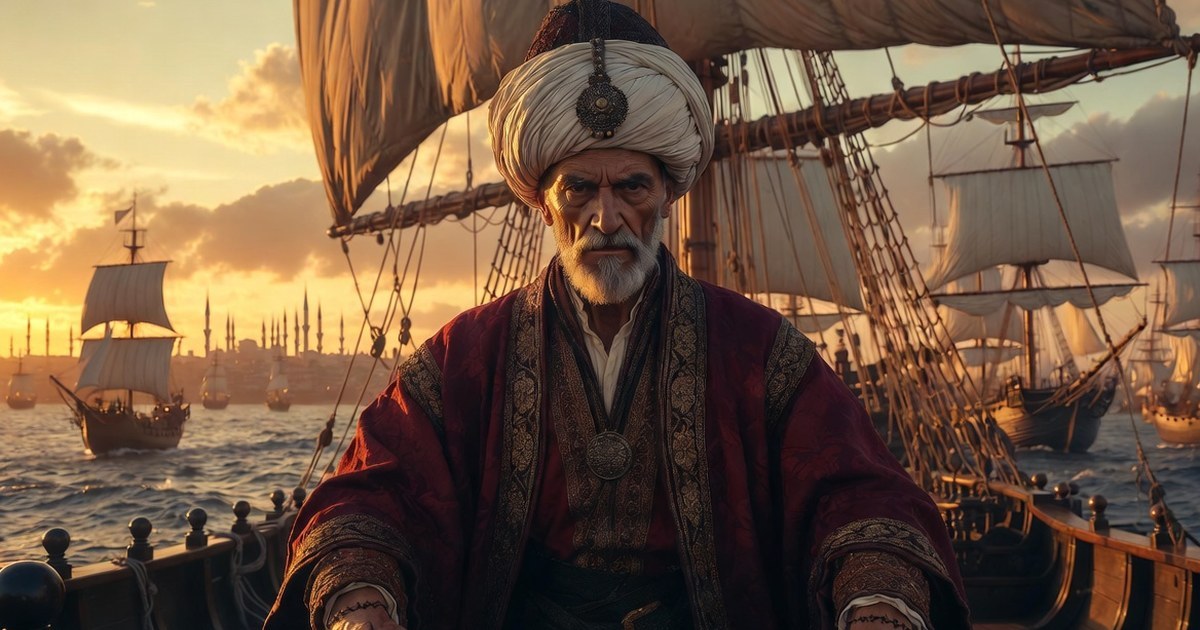 Uluch Ali, Ottoman Grand Admiral, at the stern of his galley before Istanbul and the sultan's fleet