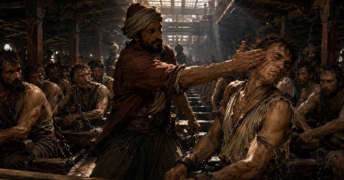 A Turkish sailor slaps Giovanni Dionigi Galeni, chained to the oar of a Turkish galley, before the other rowers