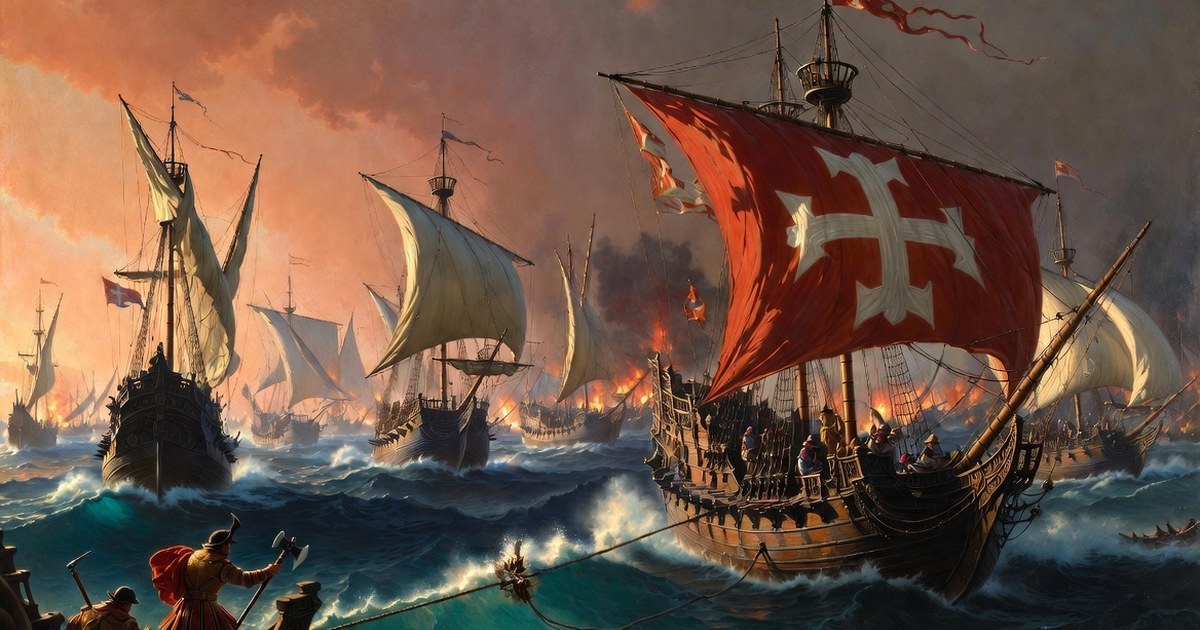 Uluch Ali's galley tows the flagship of the Knights of Malta with its great standard at the Battle of Lepanto