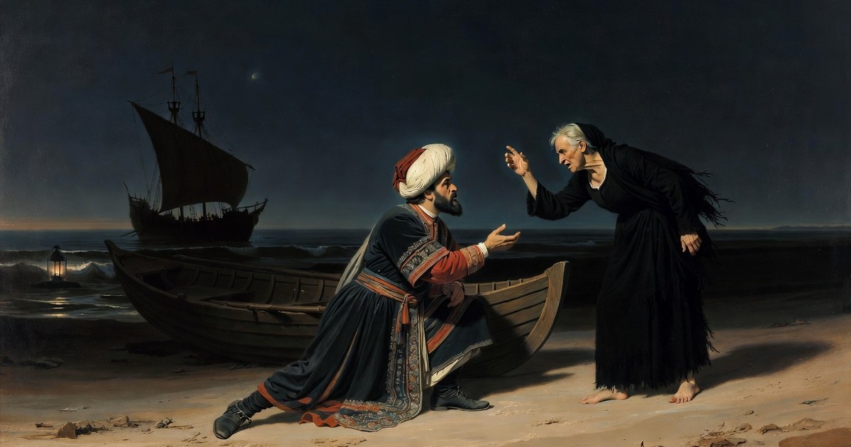 Uluch Ali, now an admiral, kneels at night before his mother Pippa de Cicco on a Calabrian beach while she curses him