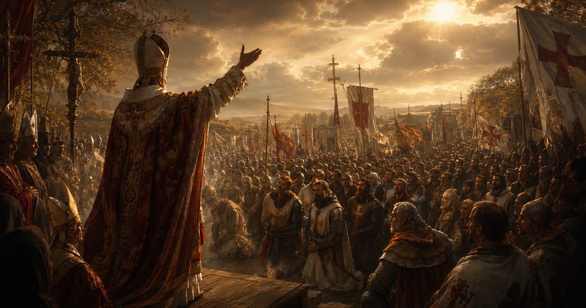 Le pape Urbain II, le bras levé, prêche la Première croisade devant la foule agenouillée au concile de Clermont, le 27 novembre 1095