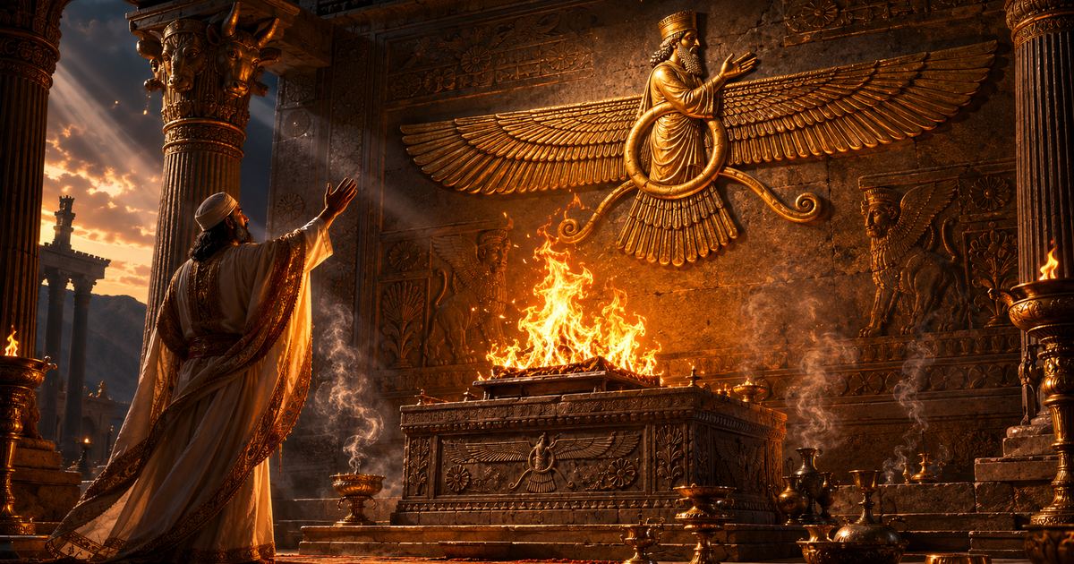 Fuego sagrado zoroástrico ardiendo en un altar de la antigua Persia, símbolo de la luz de Ahura Mazda, bajo el Faravahar dorado