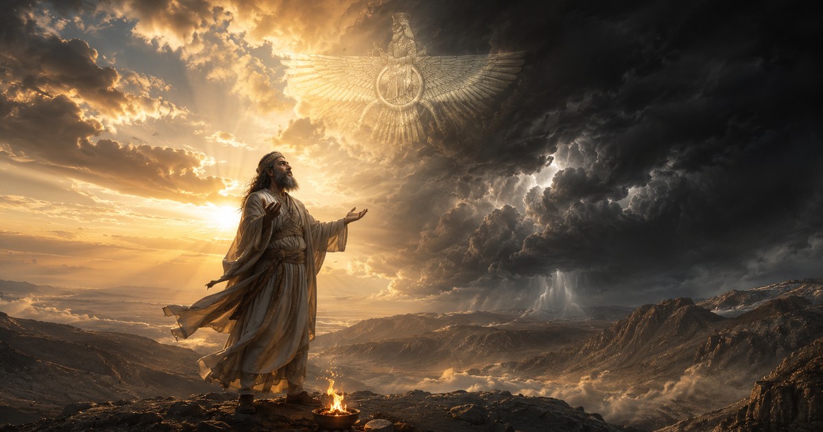 El profeta Zoroastro (Zaratustra) invoca a Ahura Mazda en las alturas, entre la luz y las tinieblas, bajo el símbolo alado del Faravahar